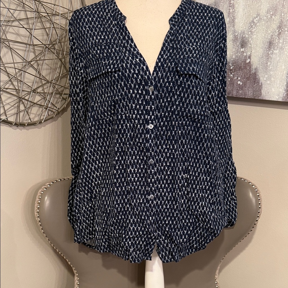 Women's Navy Patterned Button-Front Blouse Size L… - image 1